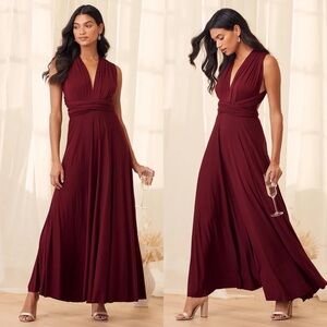 Lulus Convertible Maxi Dress Bugundy Tricks of Trade Size XS Bridesmaid Boho NWT